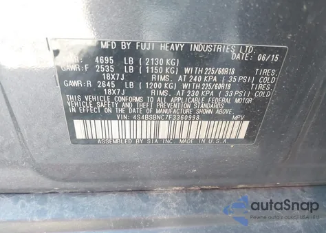 2015 Subaru Outback 2.5I Limited z USA, uszkodzony, nr VIN 4S4BSBNC7F3360998